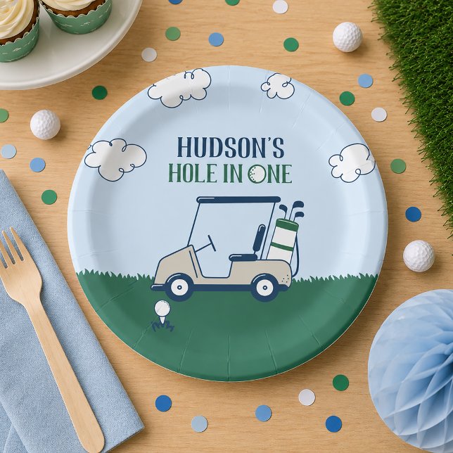 Platos de papel con patrón de golf Hole in One (Golf Birthday Paper Plates Custom)