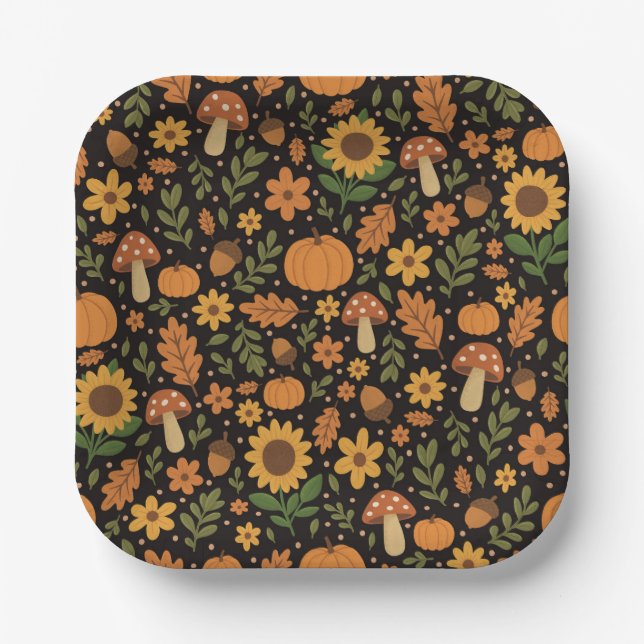 Platos de papel con patrón de otoño rústico dibuja (Anverso)
