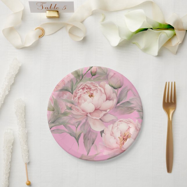 Platos de papel con peonías rosadas (Boda)