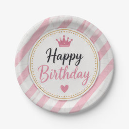 Platos de papel con rayas rosadas de cumpleaños fe