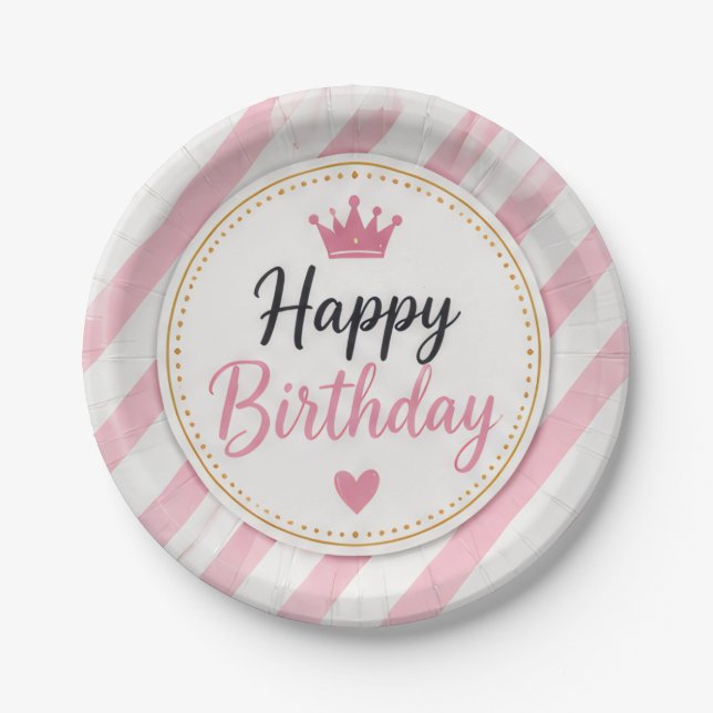Platos de papel con rayas rosadas de cumpleaños fe (Anverso)