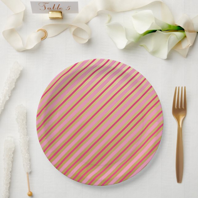 Platos de papel con rayas rosadas y doradas (Boda)