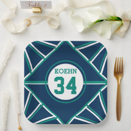 Platos de papel con tema deportivo azul y verde
