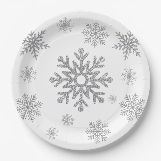 Platos de Papel Copo de Nieve Plateado de Invierno (Anverso)