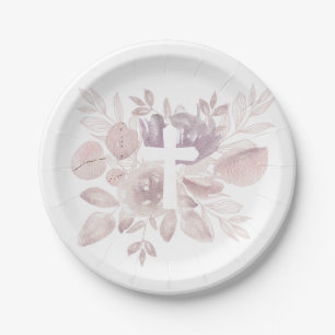 Platos de papel cruz floral acuarela morado mauve