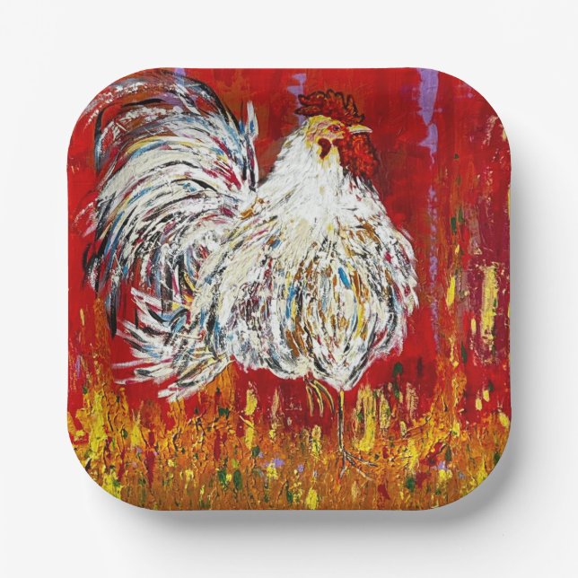 Platos de papel cuadrados de 7 pulgadas Rooster Ch (Anverso)