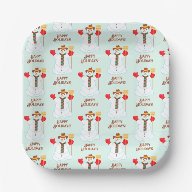 Platos de papel cuadrados de muñeco de nieve (Anverso)