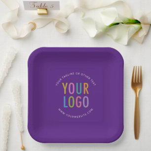 Platos de papel cuadrados morados con logotipo per