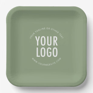 Platos de papel cuadrados verde salvia con logotip