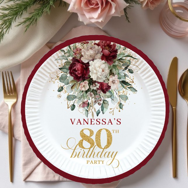 Platos de Papel Cumpleaños 80 Boho Granate Floral  (Boho Maroon Floral Gold 80th Birthday Paper Plates)
