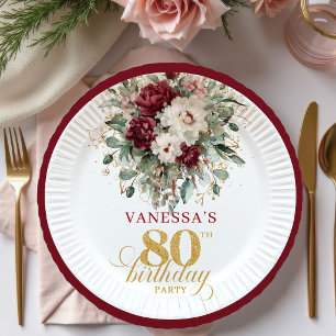 Platos de Papel Cumpleaños 80 Boho Marsala Floral