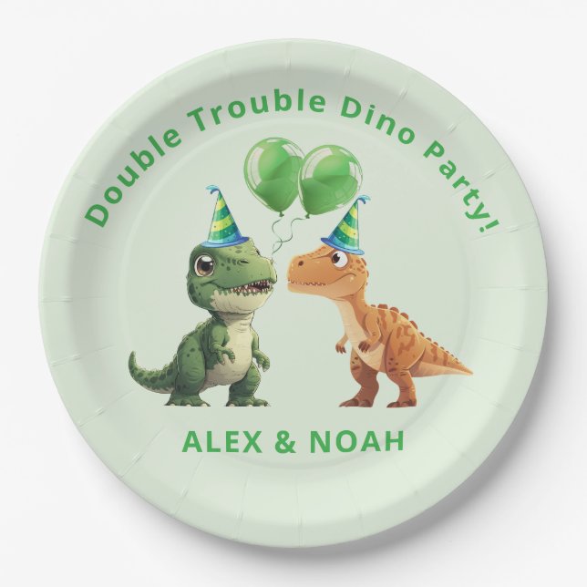 Platos de papel Cumpleaños de dinosaurios gemelos  (Anverso)