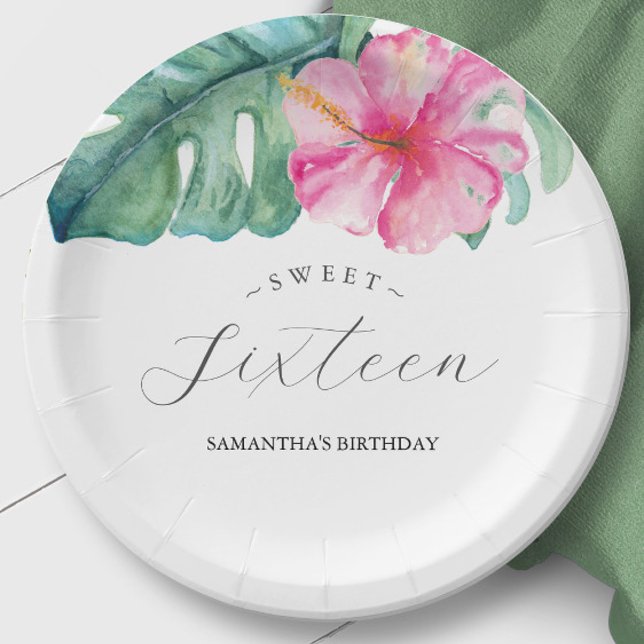 Platos de Papel Cumpleaños Sweet 16 Tropical (Birthday party sweet 16 paper plates tropical luau theme art and design by Victoria Grigaliunas)
