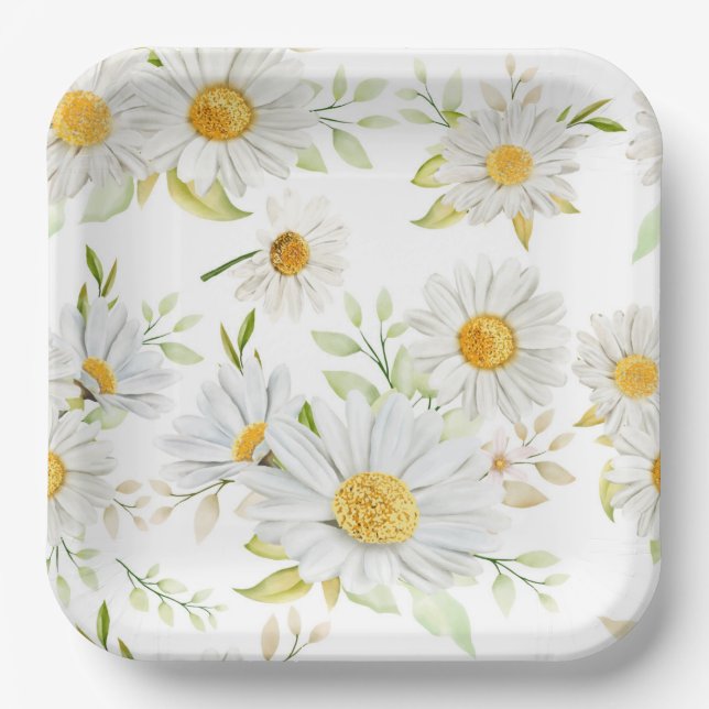 Platos de papel Daisy, fiesta floral blanca (Anverso)