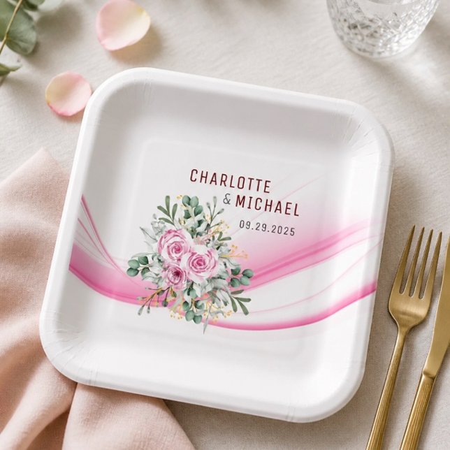 Platos de papel de 9" Pink Wave & Floral Wedding (Subido por el creador)