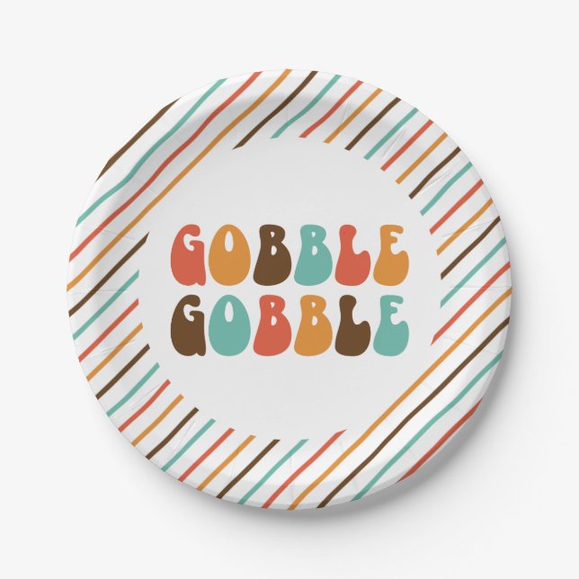 Platos de papel de Acción de Gracias Retro Gobble  (Anverso)