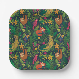 Platos de papel de animales de la selva dibujados