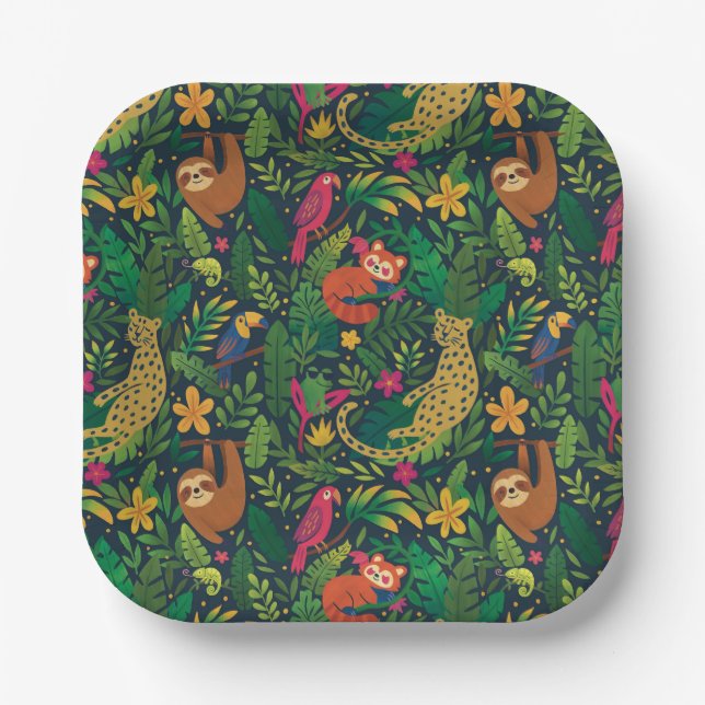 Platos de papel de animales de la selva dibujados  (Anverso)