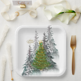 Platos de papel de árbol de Navidad con bosque nev