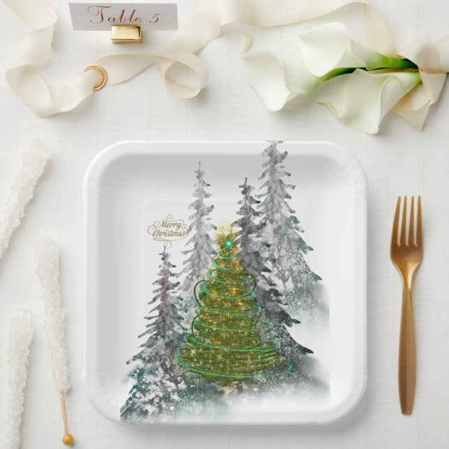 Platos de papel de árbol de Navidad con bosque nev (Boda)