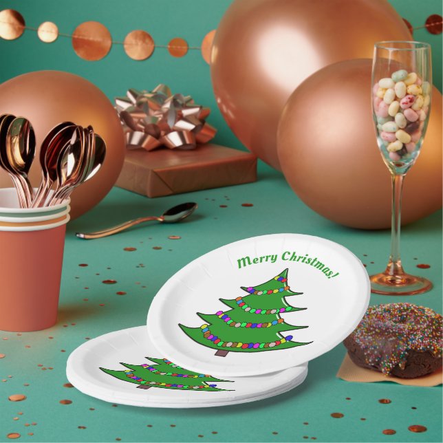 Platos de papel de árbol de Navidad con cinta roja (Multi)