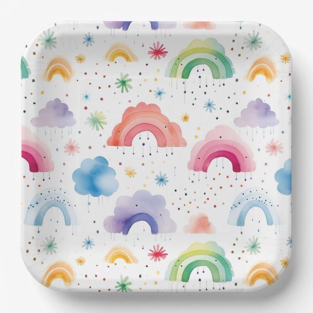 Platos de Papel de Arcoíris, Fiesta de Cumpleaños  (Anverso)