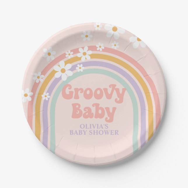 Platos de papel de arcoíris pastel Groovy Baby (Anverso)