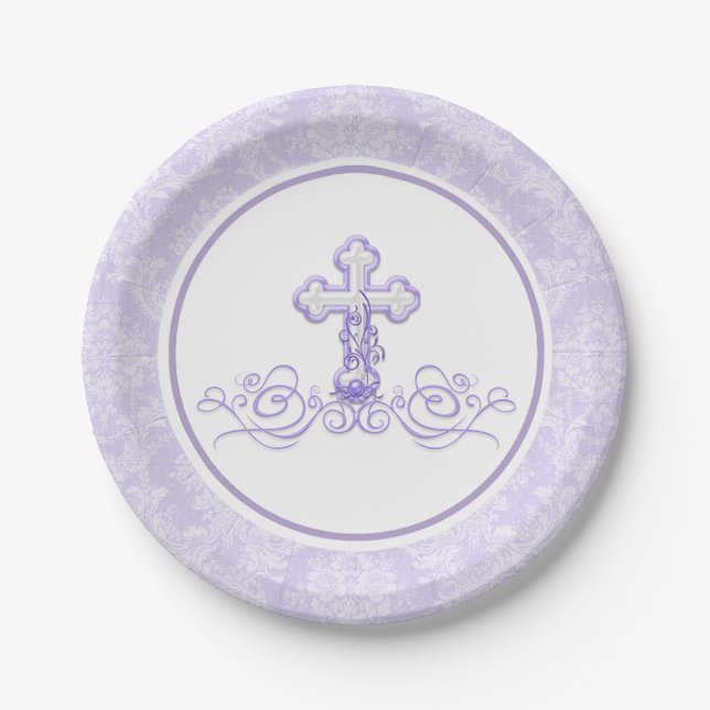 Platos de papel de bautizo lavanda púrpura (Anverso)