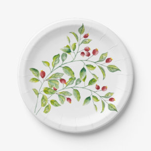Platos de papel de bayas rosadas y follaje verde