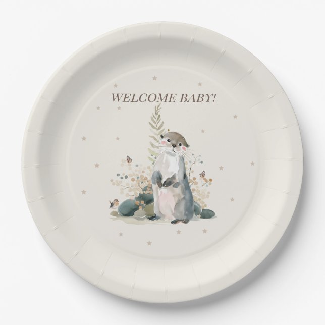Platos de papel de bienvenida al bebé nutria del b (Anverso)