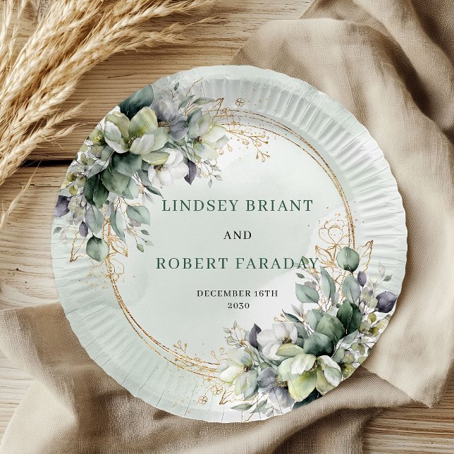 Platos de papel de boda botánicos con follaje verd (Sage Green Foliage Botanical Wedding Paper Plates)