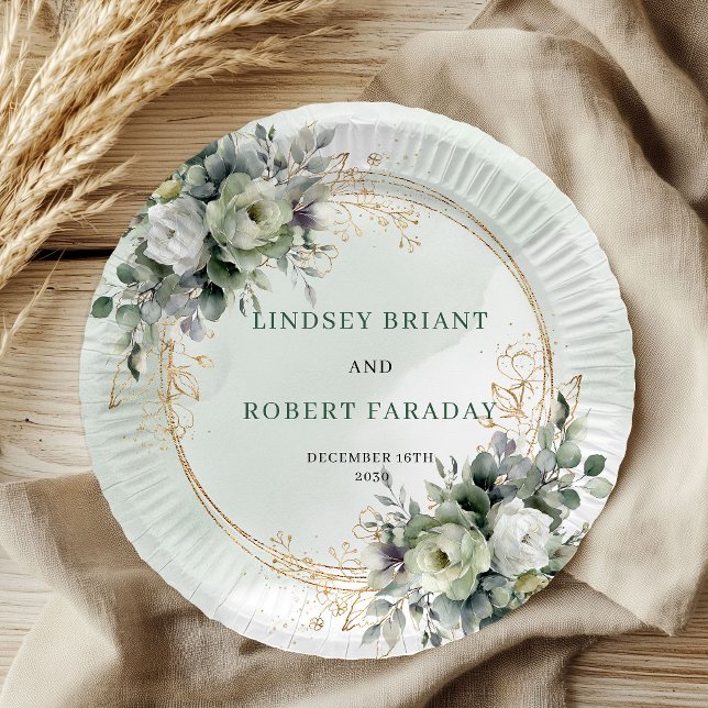 Platos de papel de boda con follaje botánico verde (Dusty Green Botanical Foliage Wedding Paper Plates)