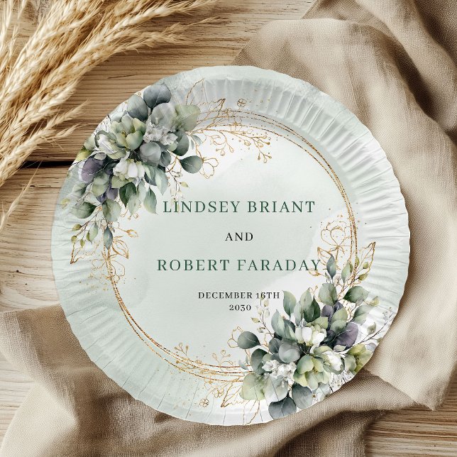 Platos de papel de boda con follaje botánico verde (Dusty Green Botanical Foliage Wedding Paper Plates)