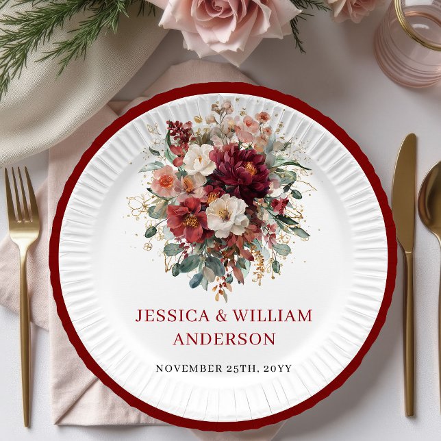 Platos de papel de boda de eucalipto burgundy chic (Chic Burgundy Eucalyptus Wedding Paper Plates Design

)