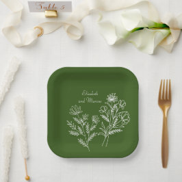 Platos de papel de boda elegantes y verdes de oliv