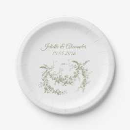 Platos de papel de boda en verde oliva Toile de Jo