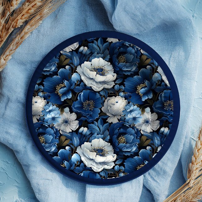 Platos de Papel de Boda Floral de Marfil Azul de M (Modern Navy Blue Ivory Floral Wedding Paper Plates)