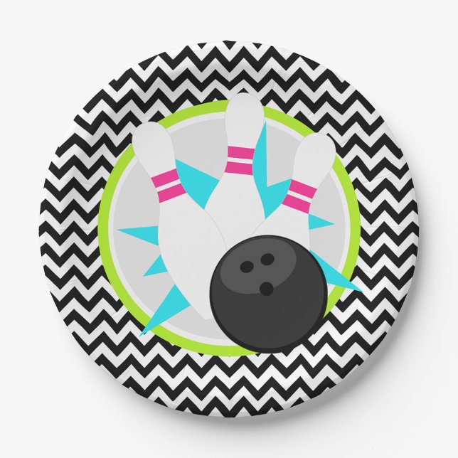 Platos de papel de bolos con Chevron de neón (Neon Chevron Bowling Paper Plates)