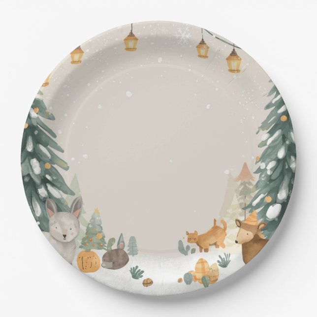 Platos de papel de bosque invernal – Árboles de pi (Anverso)
