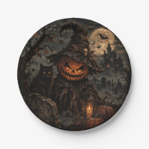 Platos de papel de calabaza espeluznantes de Hallo