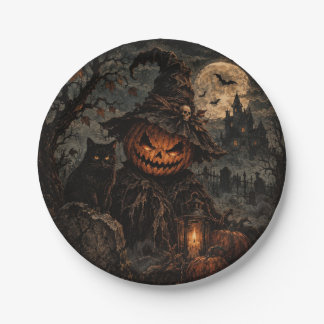 Platos de papel de calabaza espeluznantes de Hallo