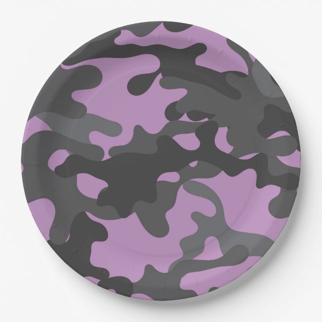 Platos de papel de camuflaje púrpura y gris (Anverso)