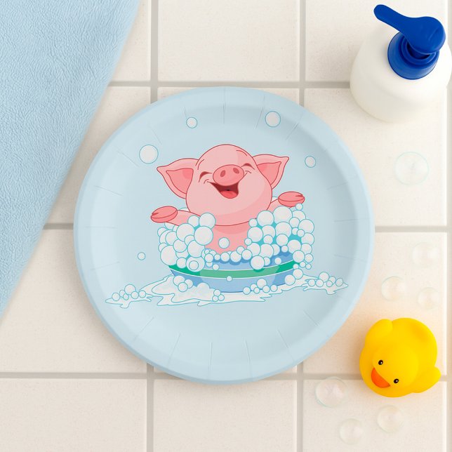 Platos de papel de cerdito tomando un baño (Subido por el creador)