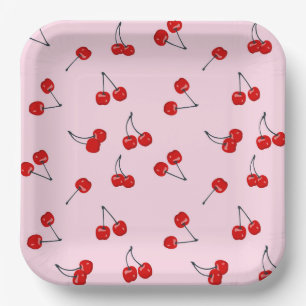Platos de papel de cerezas, fiesta de frutas rojas