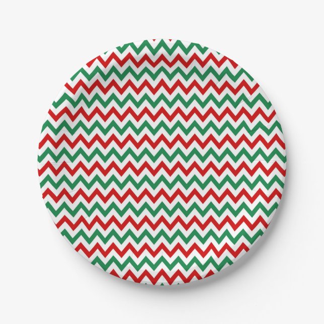 Platos de papel de Chevron Rojo y Verde de Navidad (Anverso)
