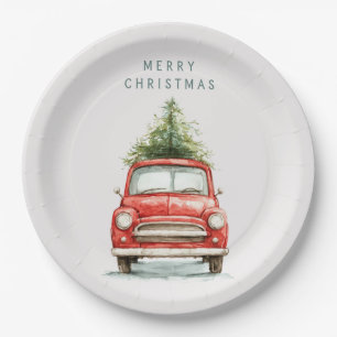 Platos de papel de coche rojo festivo con árbol de