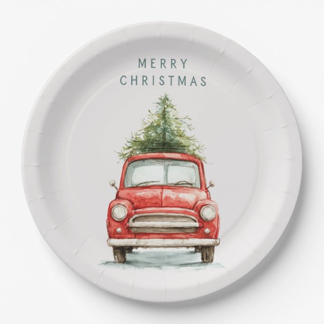 Platos de papel de coche rojo festivo con árbol de (Anverso)