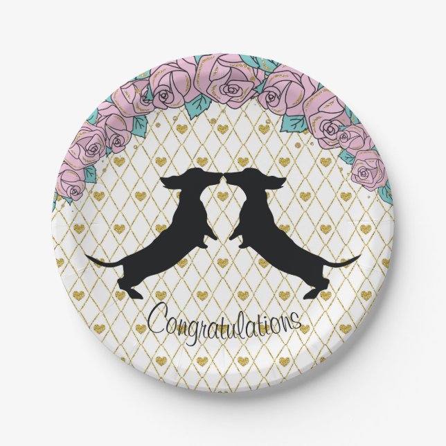 Platos de papel de compromiso Dachshund Flores Cor (Anverso)