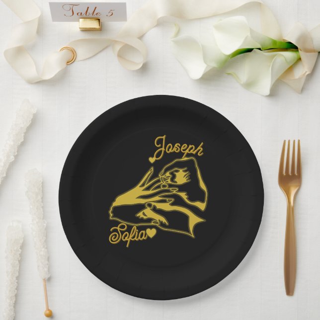 Platos de papel de compromiso de oro negro (Boda)