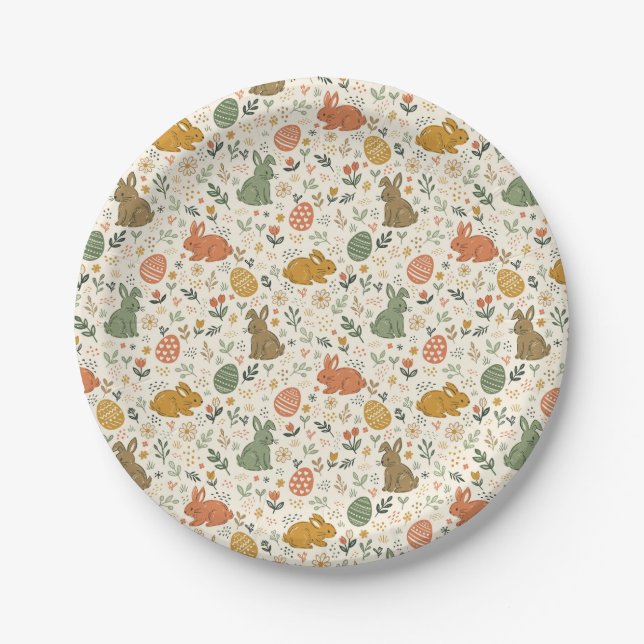 Platos de papel de conejitos de primavera dibujado (Anverso)